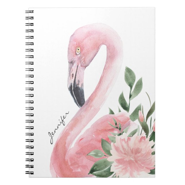 Pink Flamingo Watercolor Tropical with Your Name Notebook (Front)