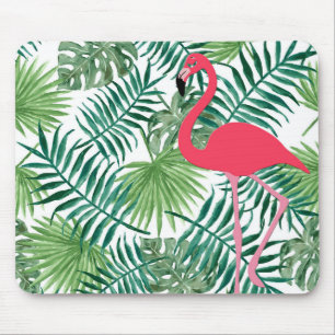 Pink Flamingo Watercolour Tropical Leaf Print Mouse Pad