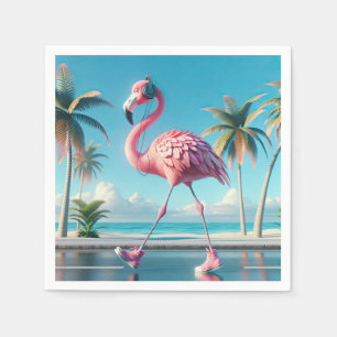 Pink Flamingo Wearing Sneakers and Headphones Napkins
