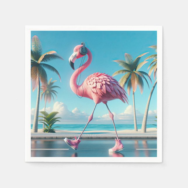 Pink Flamingo Wearing Sneakers and Headphones Napkins (Front)
