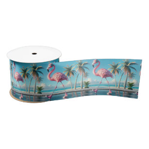 Pink Flamingo Wearing Sneakers and Headphones Satin Ribbon