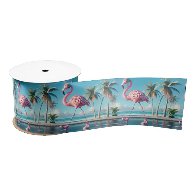 Pink Flamingo Wearing Sneakers and Headphones Satin Ribbon (Spool)