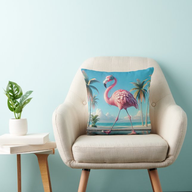 Pink Flamingo Wearing Sneakers Throw Pillow (Chair)