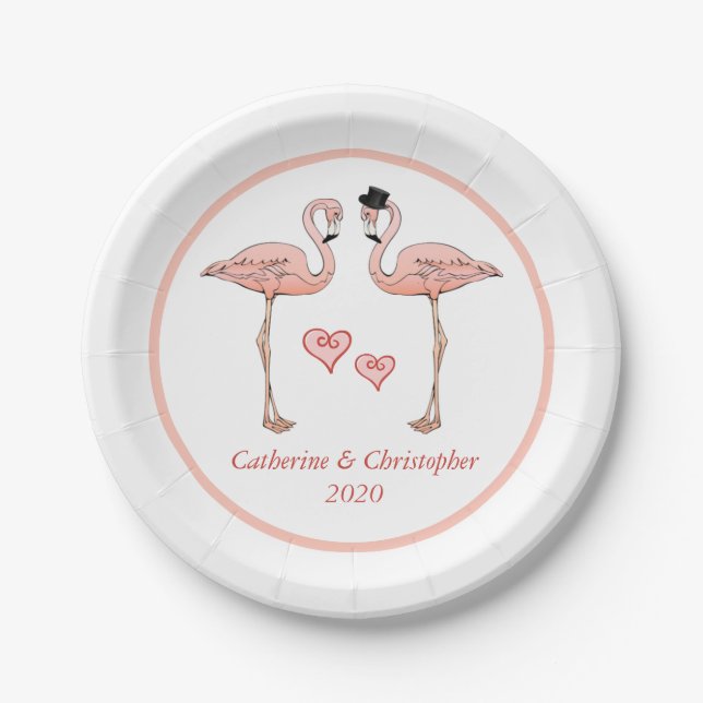 Pink Flamingo Wedding Bride Groom Hearts Love Bird Paper Plates (Front)