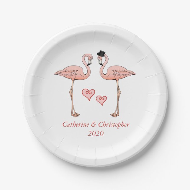 Pink Flamingo Wedding Bride Groom Hearts Love Paper Plates (Front)