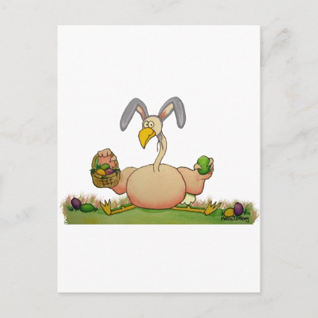 Pink Flamingo Whimsical Bird As Easter Bunny Holiday Postcard (Front)