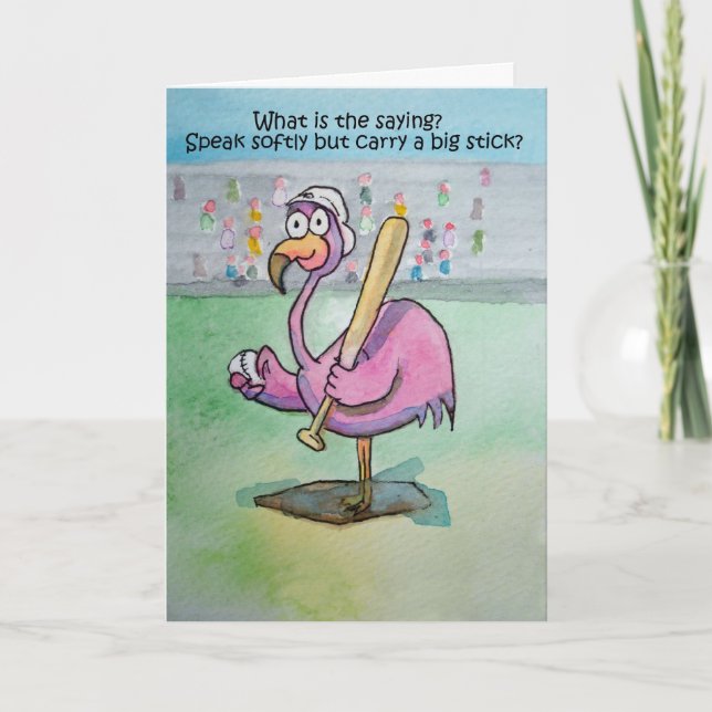 Pink Flamingo Whimsical Funny Bird Painting Card (Front)