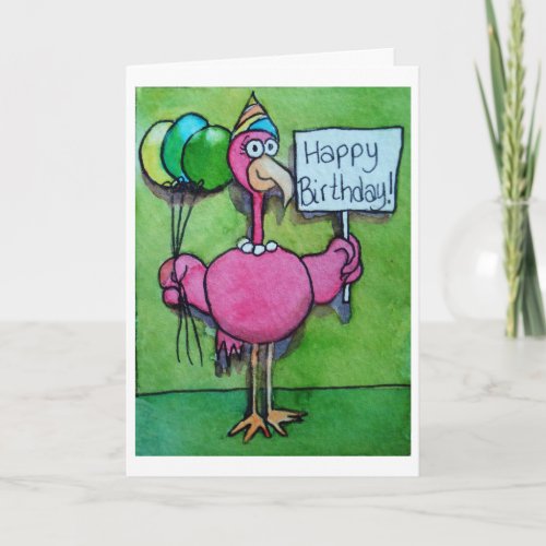 Pink Flamingo Whimsical Funny Bird Painting Card