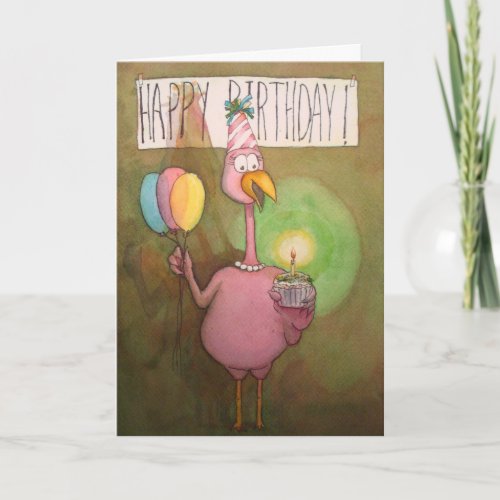 Pink Flamingo Whimsical Happy Birthday Card