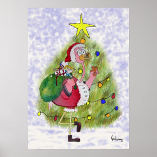 Pink Flamingo Whimsical Merry Christmas Poster
