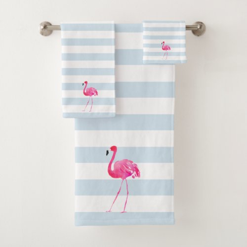 Pink Flamingo White  Blue Stripes Bath Towel Set