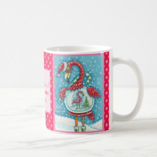 PINK FLAMINGO, WHITE CHRISTMAS SNOW GLOBE MUG