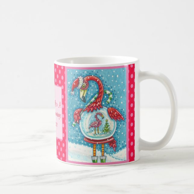 PINK FLAMINGO, WHITE CHRISTMAS SNOW GLOBE MUG (Right)