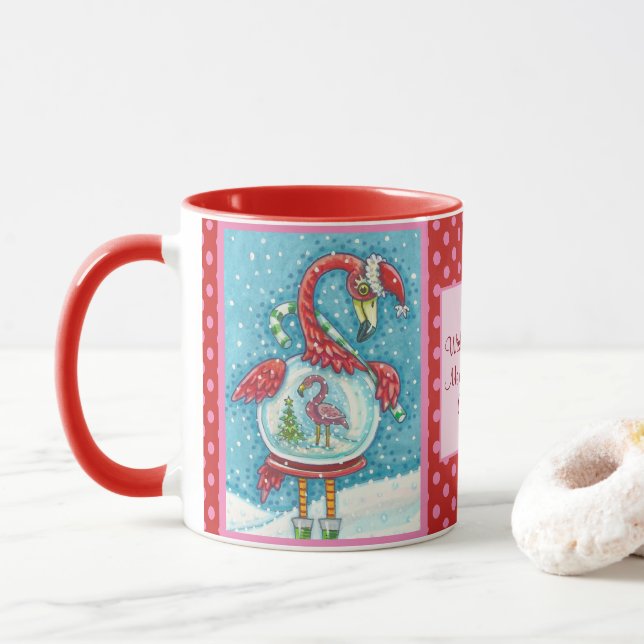 PINK FLAMINGO, WHITE CHRISTMAS SNOWGLOBE COMBO MUG (With Donut)