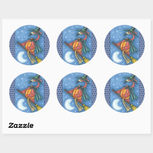 PINK FLAMINGO WITCH FLYING OVER MOON ON A BROOM CLASSIC ROUND STICKER