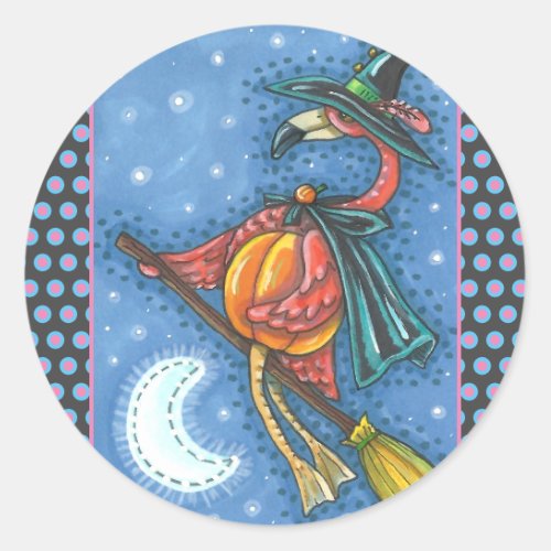 PINK FLAMINGO WITCH FLYING OVER MOON ON A BROOM CLASSIC ROUND STICKER