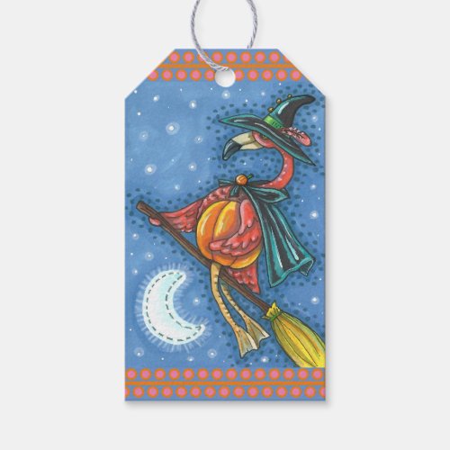 PINK FLAMINGO WITCH FLYING OVER MOON ON A BROOM GIFT TAGS