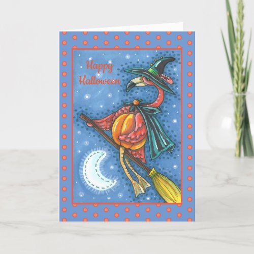 PINK FLAMINGO WITCH FLYING OVER MOON ON A BROOM HOLIDAY CARD