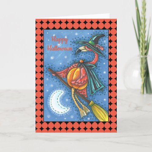 PINK FLAMINGO WITCH FLYING OVER MOON ON A BROOM HOLIDAY CARD