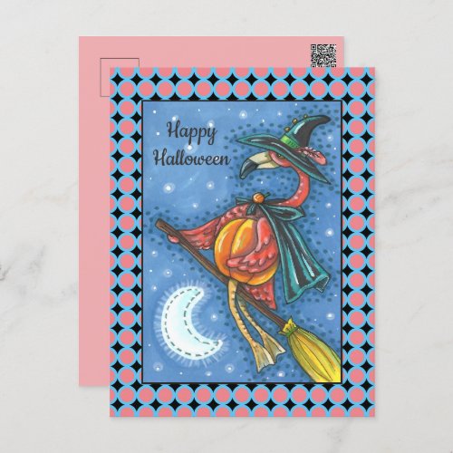 PINK FLAMINGO WITCH FLYING OVER MOON ON A BROOM HOLIDAY POSTCARD