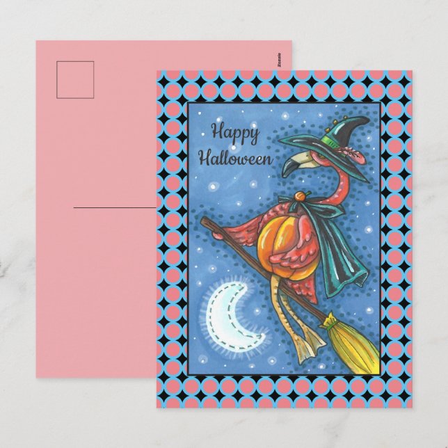 PINK FLAMINGO WITCH, FLYING OVER MOON ON A BROOM HOLIDAY POSTCARD (Front/Back)