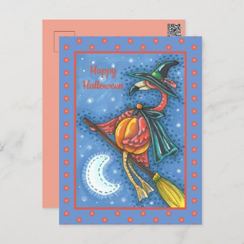 PINK FLAMINGO WITCH FLYING OVER MOON ON A BROOM HOLIDAY POSTCARD
