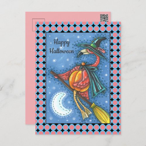 PINK FLAMINGO WITCH FLYING OVER MOON ON A BROOM HOLIDAY POSTCARD