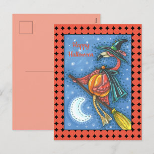 PINK FLAMINGO WITCH, FLYING OVER MOON ON A BROOM HOLIDAY POSTCARD