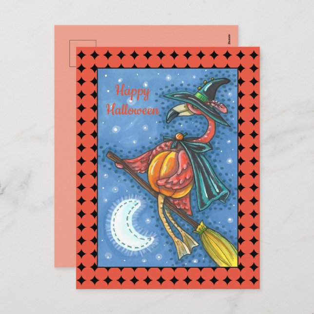 PINK FLAMINGO WITCH, FLYING OVER MOON ON A BROOM HOLIDAY POSTCARD (Front/Back)