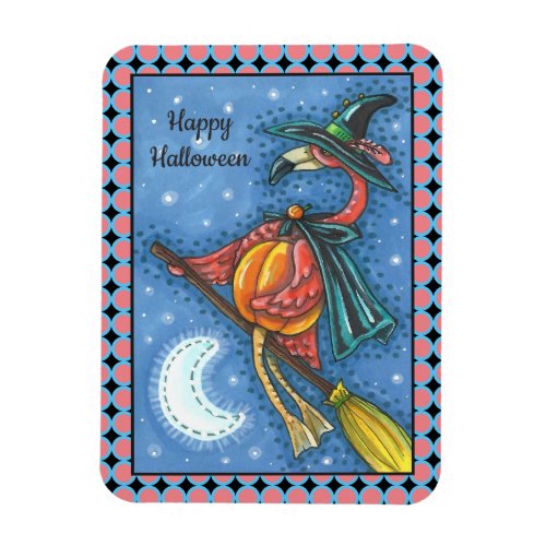 PINK FLAMINGO WITCH FLYING OVER MOON ON A BROOM MAGNET