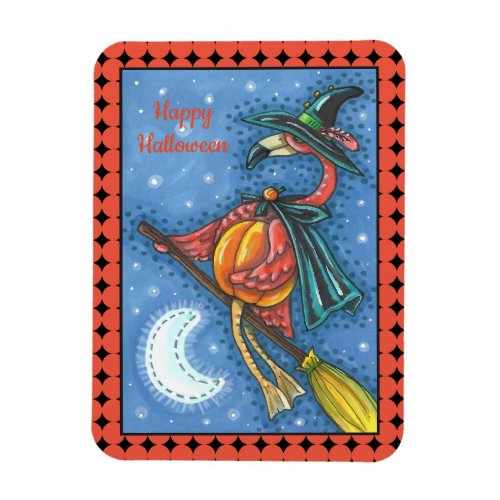 PINK FLAMINGO WITCH FLYING OVER MOON ON A BROOM MAGNET