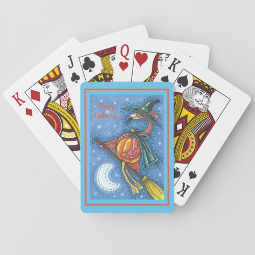 PINK FLAMINGO WITCH FLYING OVER MOON ON A BROOM PLAYING CARDS