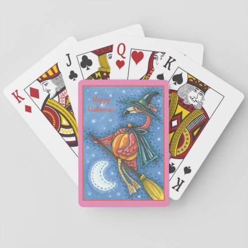 PINK FLAMINGO WITCH FLYING OVER MOON ON A BROOM PLAYING CARDS