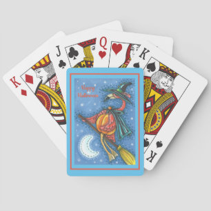 PINK FLAMINGO WITCH, FLYING OVER MOON ON A BROOM POKER CARDS