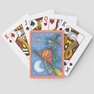 PINK FLAMINGO WITCH, FLYING OVER MOON ON A BROOM POKER CARDS