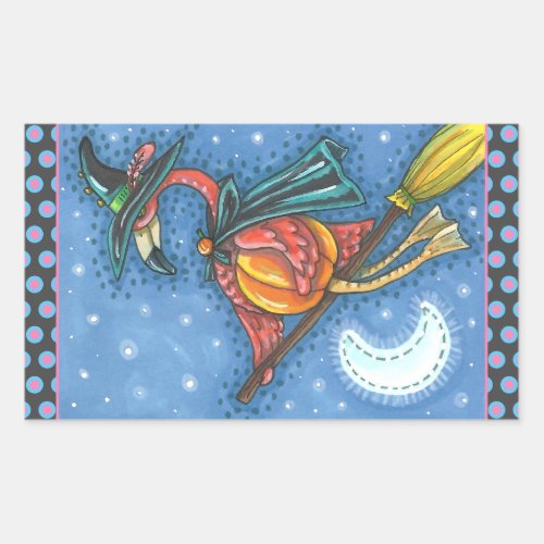 PINK FLAMINGO WITCH FLYING OVER MOON ON A BROOM RECTANGULAR STICKER