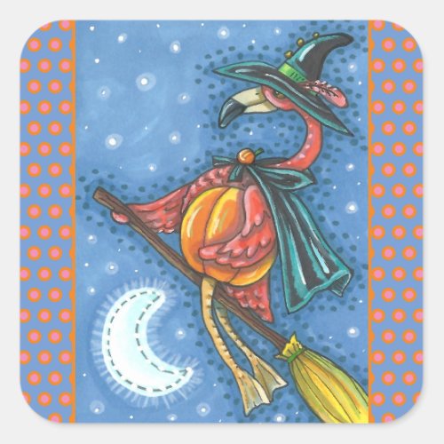 PINK FLAMINGO WITCH FLYING OVER MOON ON A BROOM SQUARE STICKER