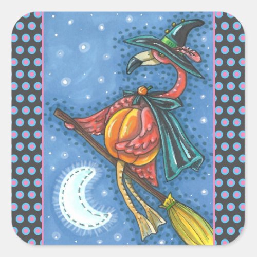 PINK FLAMINGO WITCH FLYING OVER MOON ON A BROOM SQUARE STICKER