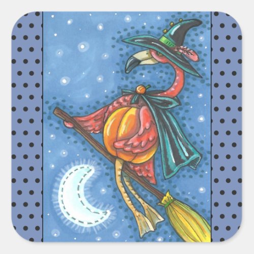 PINK FLAMINGO WITCH FLYING OVER MOON ON A BROOM SQUARE STICKER