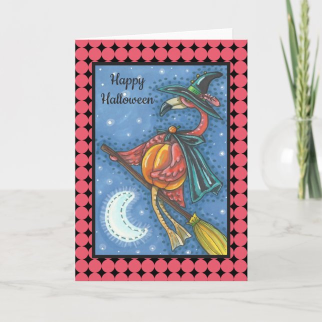 PINK FLAMINGO WITCH HALLOWEEN GREETING CARD Blank (Front)
