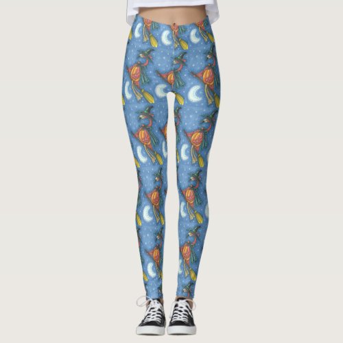 PINK FLAMINGO WITCH ON BROOM HALLOWEEN LEGGINGS