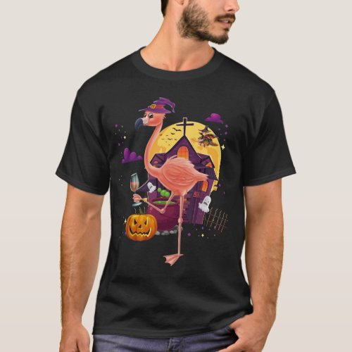 Pink Flamingo Witch Wine Pumpkin Halloween Costume T_Shirt