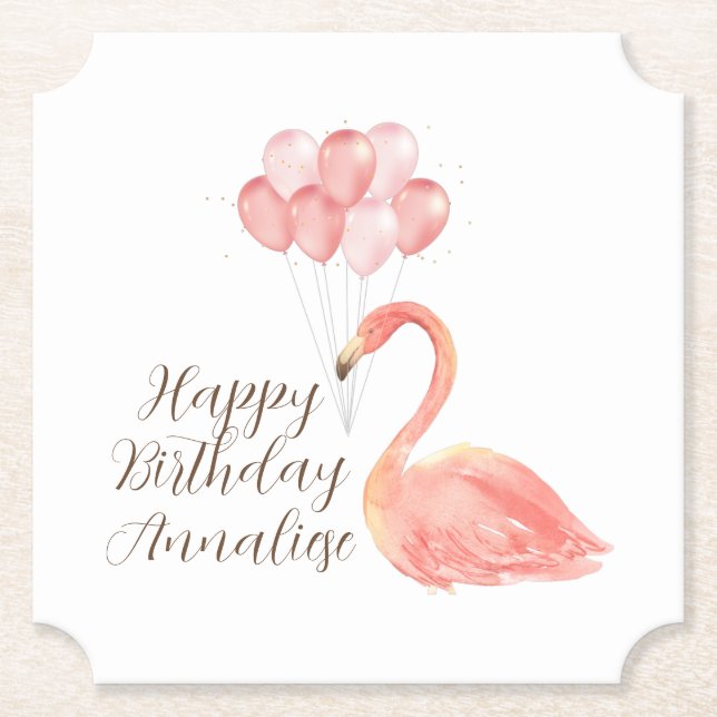 Pink Flamingo with Balloons Custom Happy Birthday Paper Coaster (Front)