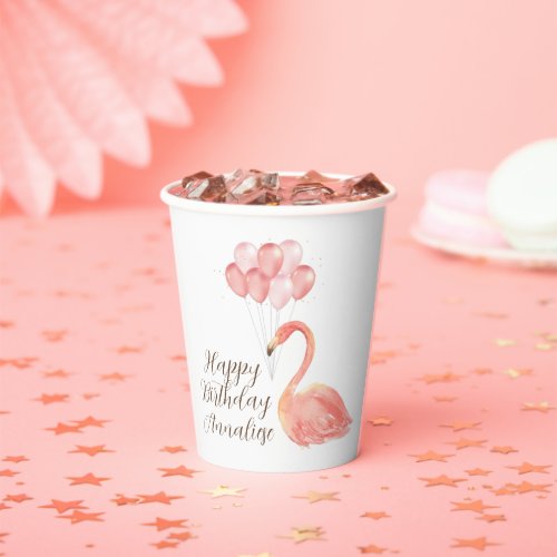 Pink Flamingo with Balloons Custom Happy Birthday Paper Cups