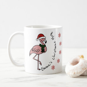 Pink flamingo with Christmas hat personalized name Coffee Mug