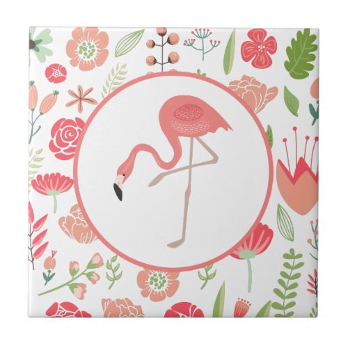 Pink Flamingo With Colorful Assorted Flowers 2 Ceramic Tile