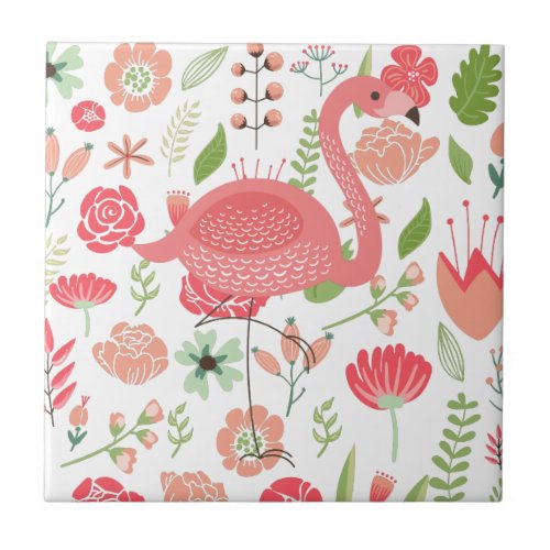 Pink Flamingo With Colorful Assorted Flowers Ceramic Tile