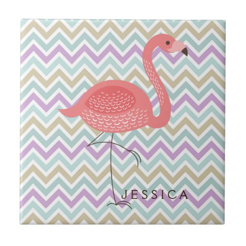 Pink Flamingo With Colorful Chevron Tile