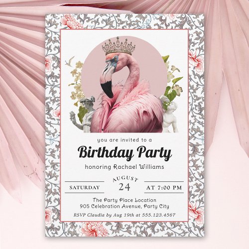Pink Flamingo with Crown Birthday Party Invitation