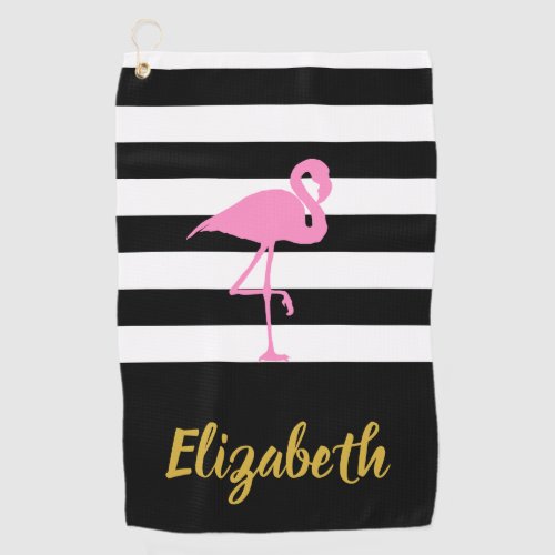 Pink Flamingo with Custom Text and Stripes Golf Towel